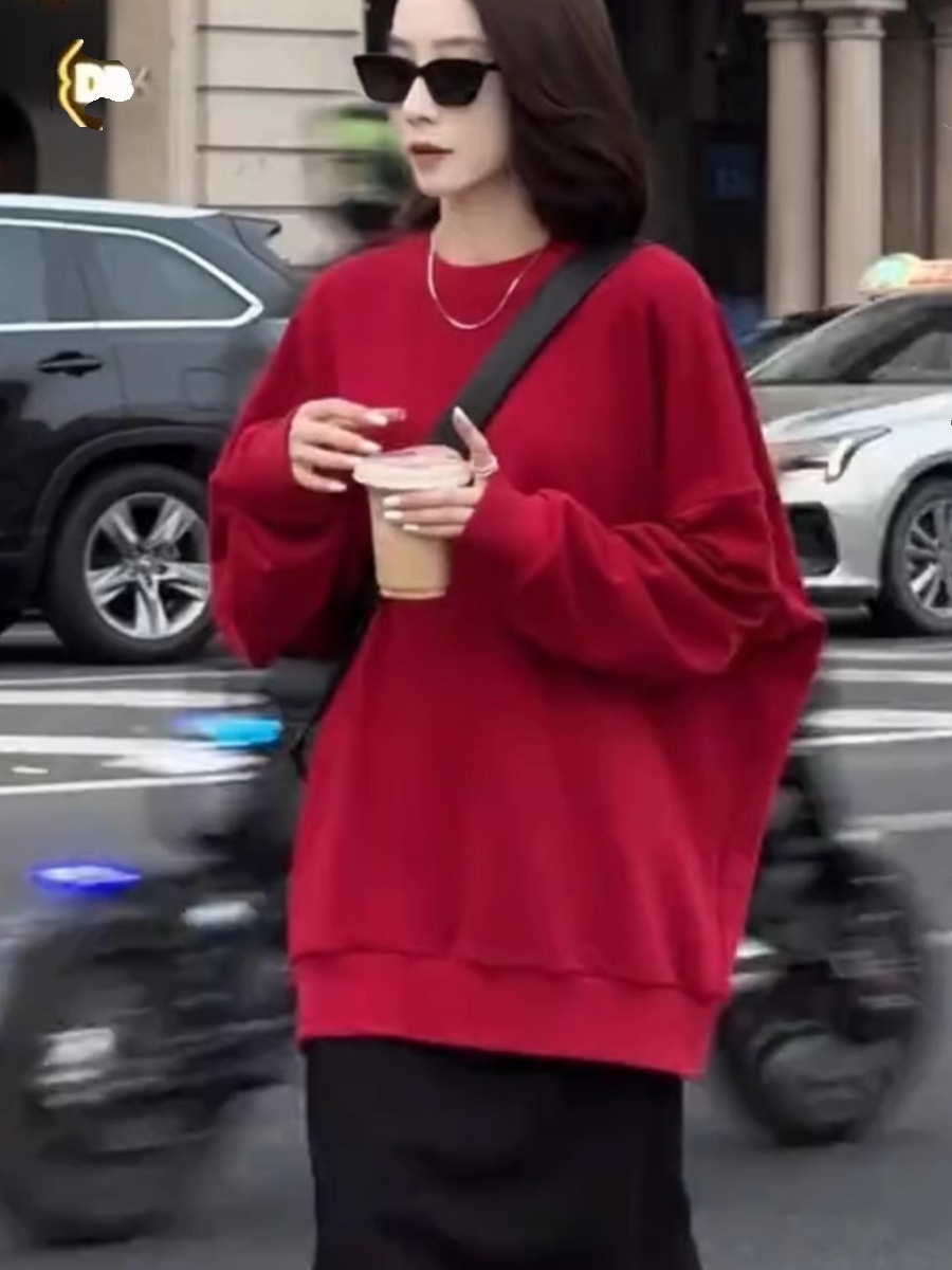 Red Loose-Fitting Large Version Crew Neck Pullover Sweatshirt Female Spring & Fall 2025 New Arrival Best-Selling Leisure Easiest for Match Lazy Style Top