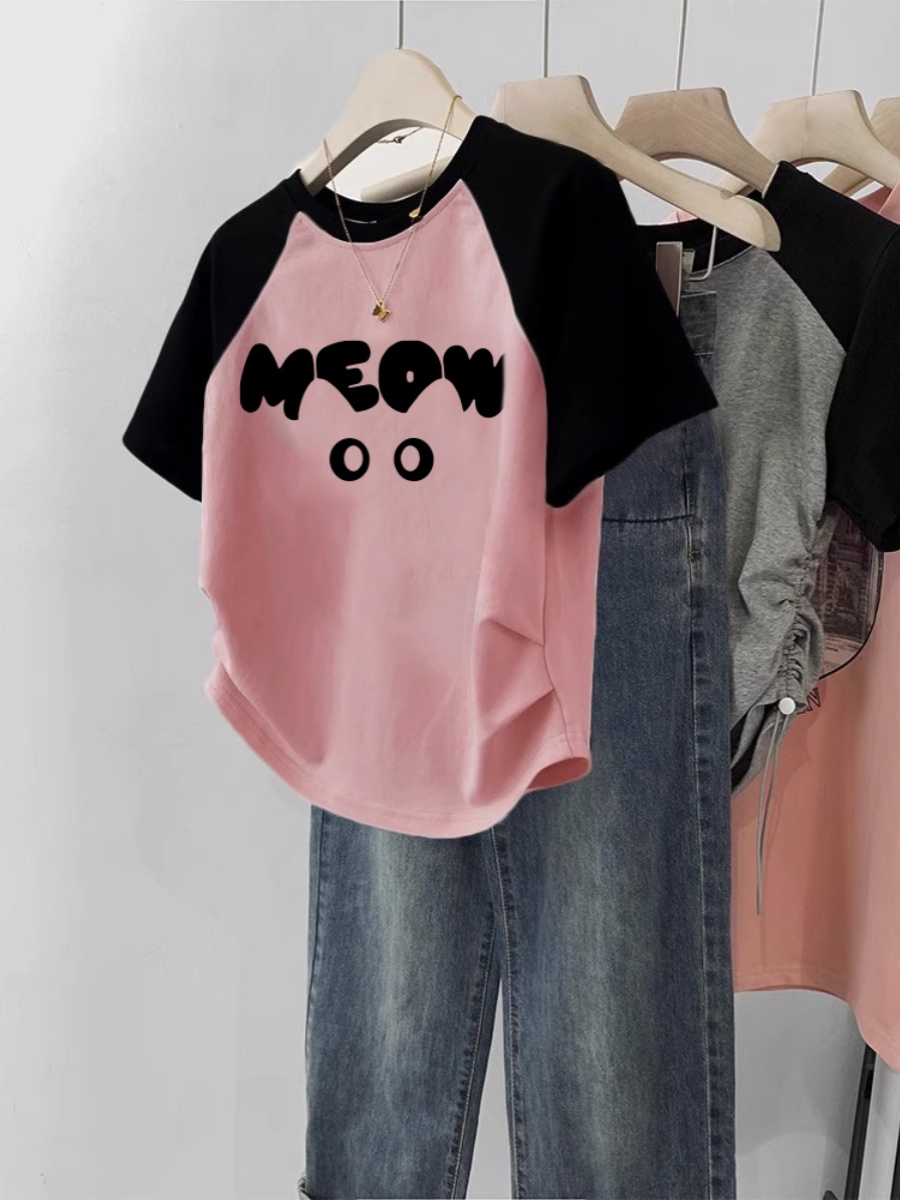 Contrast Color Raglan T-shirt Women's Short Sleeve 2025 New Arrival Summer Plus Size Slim-Fit Crop-Top Slimming Sense of Design Niche Style