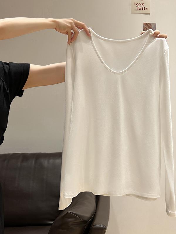 Women's Autumn/Winter Fleece-Lined White V-Neck Long-Sleeve Loose Thermal Inner Wear