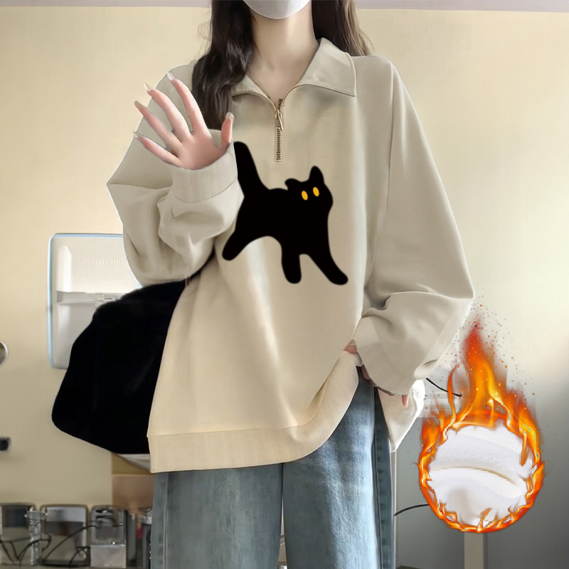Polo Collar Half Zipper Sweatshirt Female Idle Style Plus Size Plus Size Ladies Fall and Winter Velvet Padded Loose Popular Hot-Selling Product Outwear This Year