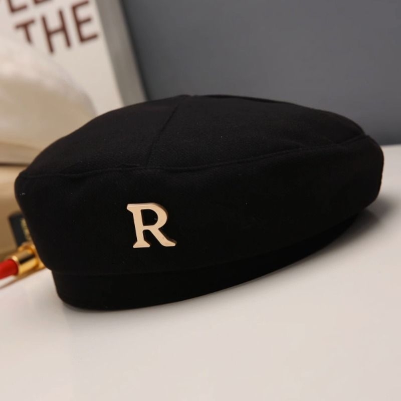 Black New Style Beret Women's Spring and Autumn 2023 Face-Looking Small Octagonal Beret Hat Spring Flat Top Handmade Hat Brim