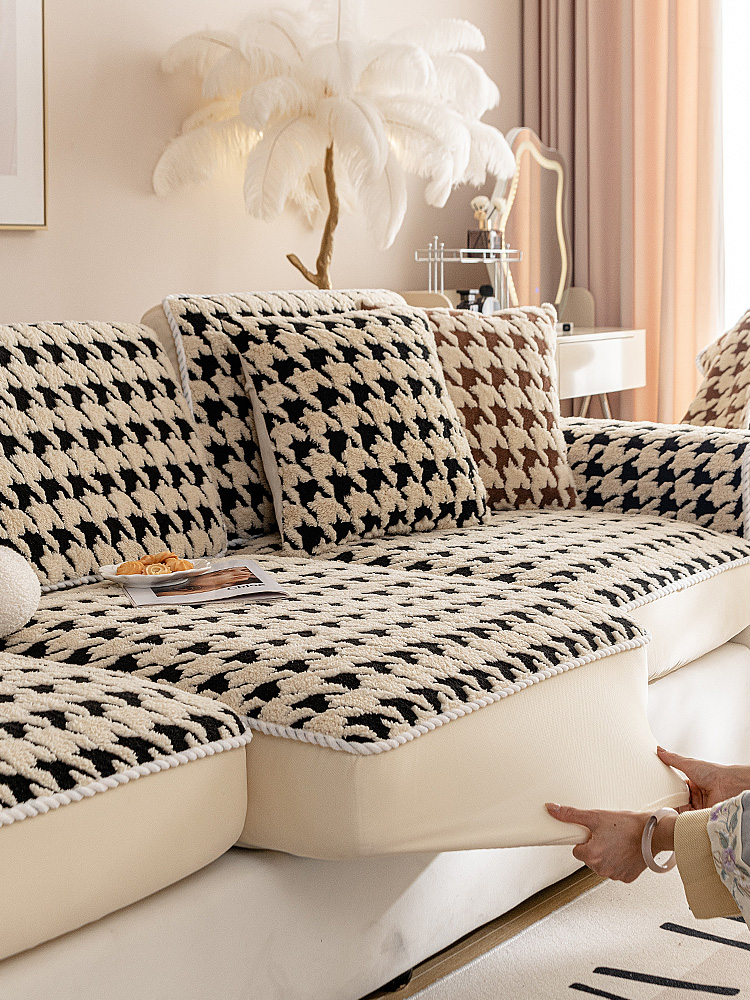 Houndstooth 2025 New Arrival Sofa Autumn and Winter Plush Sofa Cover All-Inclusive Universal Cover Winter Cashmere Cushion