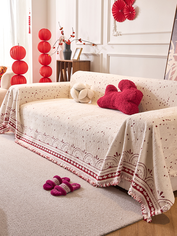 Stuffed Non Slip Red Sofa Cover Cloth a Whole Full Cover Sofa Cover Festive New Year Wide Blanket Accessible Luxury Fancy