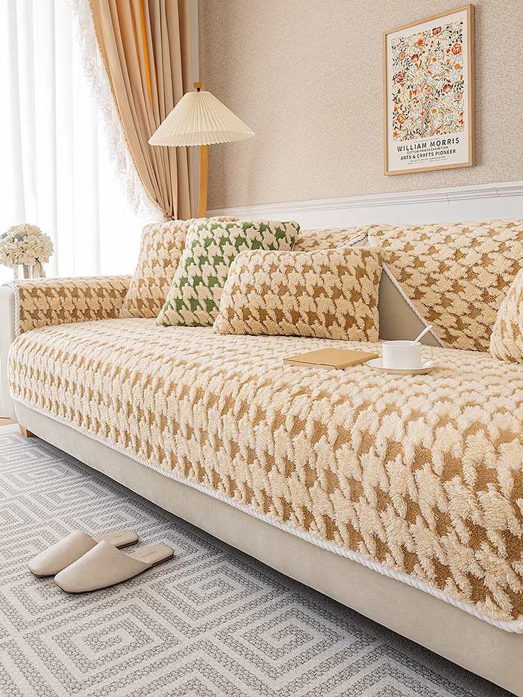 Houndstooth 2025 New Arrival Leather Sofa Cushion Winter Warm Fluff Stuffed Fall and Winter High-Grade Straight Row Cushion Non Slip Cover Cloth