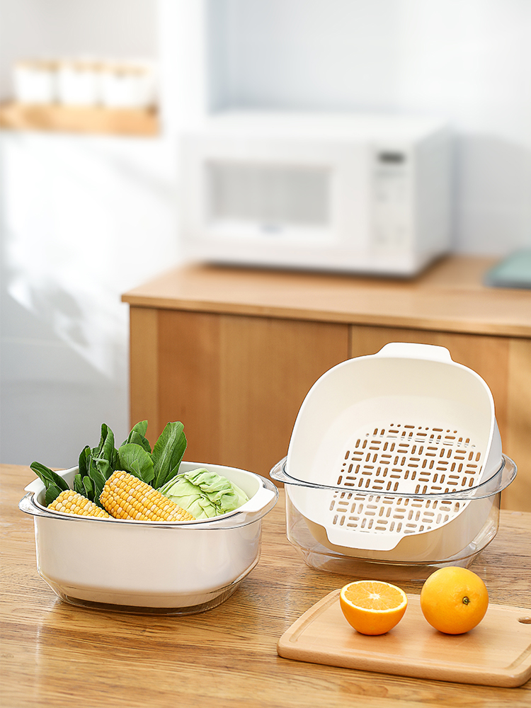 Fasola Kitchen Double-Layer Drain Basket Fruit Plate Vegetable Washing Basket Water Filter Basket For Home Plastic Vegetable Basket Draining Basket