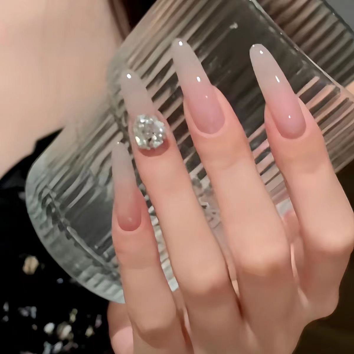 Hand-Worn Nail Ice Transparent Nude Color Flash Rhinestone Ball Finished Product Nail Stickers Nature White Mid Length Long Length Big Diamond Nail