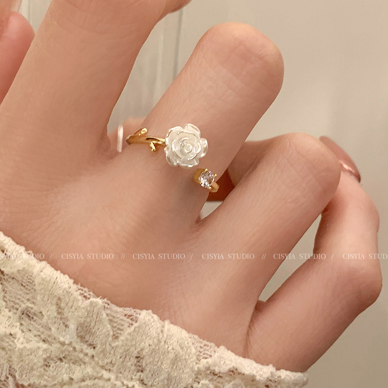 Niche Style Women's Cold Wind Summer Index Finger Ring Camellia