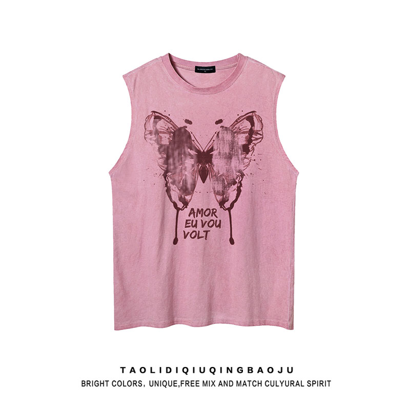 American Retro Pink Butterfly Ink Sleeveless Vest Women's Summer Ins Trendy Loose Couple Outfit Waistcoat T-shirt
