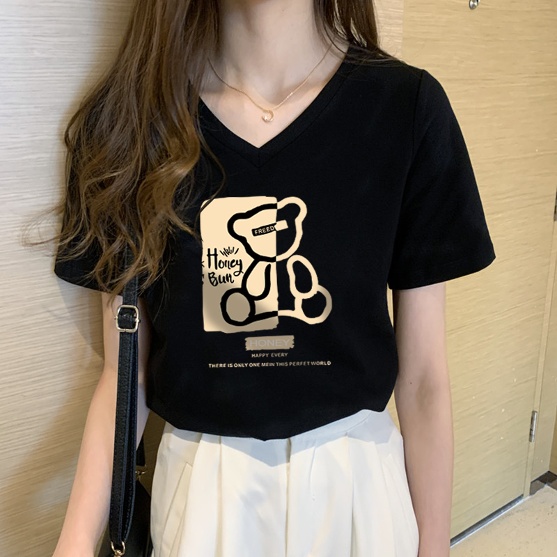 V Neck American Retro Pure Cotton Summer T-shirt Female 2025 New Arrival Plus Size Plus Size Ladies Slim Looking Younger Slim-Fit Short Sleeve Tops