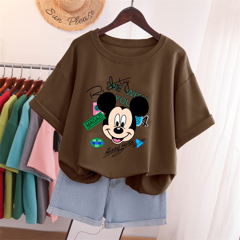 Mickey Hong Kong Style Summer Short Sleeve Pure Cotton Plus Size Full-Figured Women's T-shirt Female 2025 New Arrival Loose K-style Half Sleeve Tops Tide