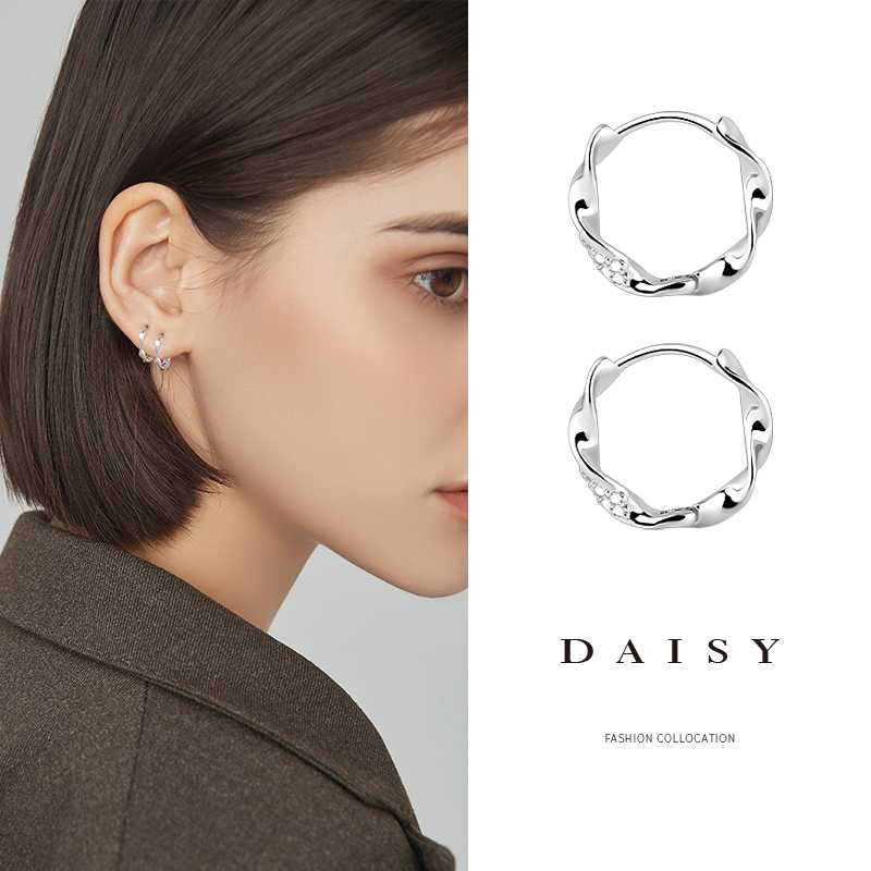 Sterling Silver Circle Women's Design Sense Elegant Ear Bone Stud Diamond