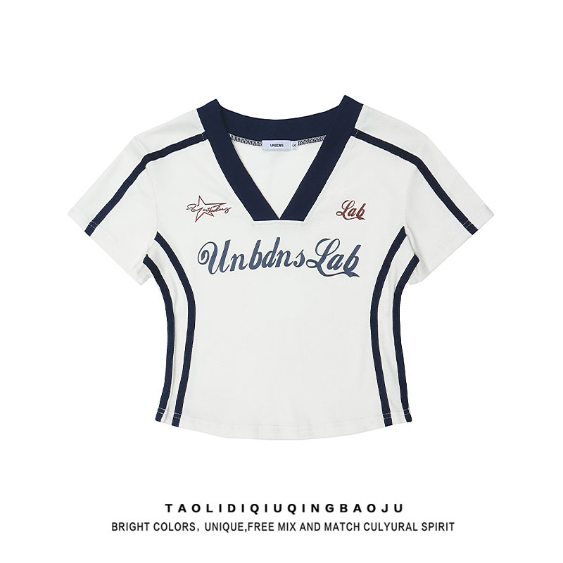 Pure Desire Style ABG Sexy V-neck Patchwork Shoulder Short Sleeve T-shirt Female Summer Slim Looking Waist Tight Jazz Sweet Spicy Short Tops