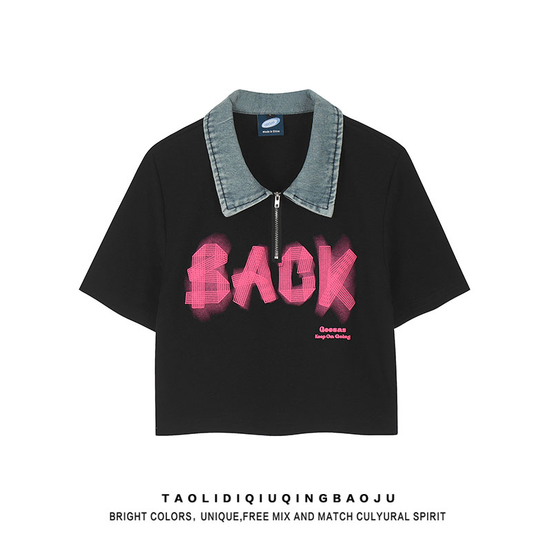 American High Street Letter Print Polo Collar Short Sleeve T-shirt Female Trendy Sweet Cool Style Sexy Midriff Outfit Short Tops Summer
