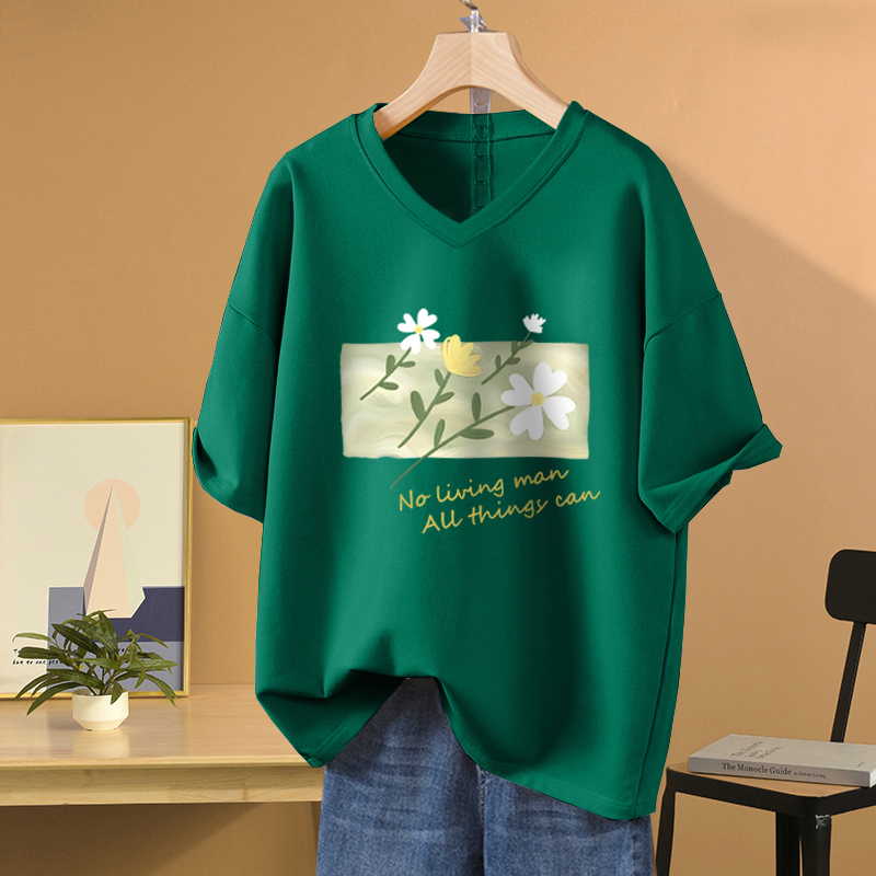 American Retro Short Sleeve Pure Cotton T-Shirt Female Plus Size Plus Size Ladies Summer 2025 New Design Sense 150.00kg V Neck Tops