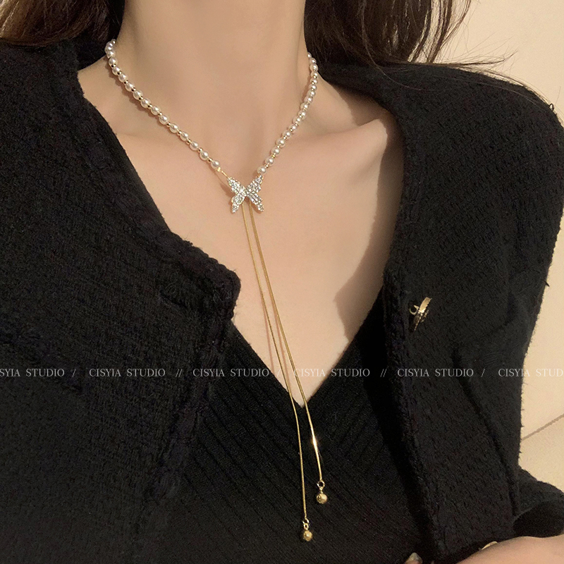 Cisyia Women's Butterfly Sweatshirt Pearl Necklace