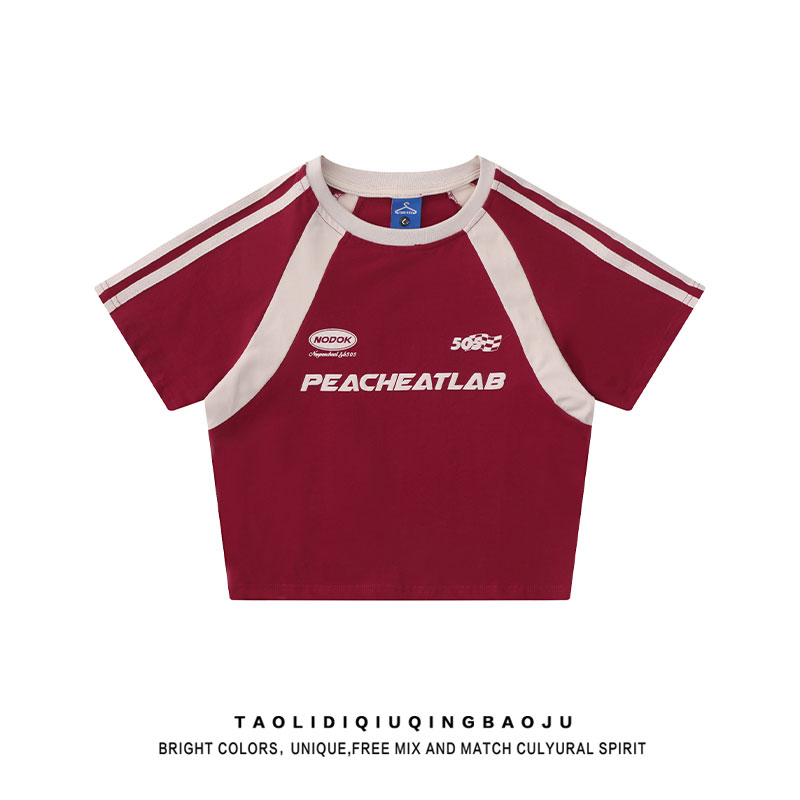 American Street Mixed Color Stripe Short-Sleeved T-shirt Female Summer Small Sweet Sexy Preppy Style Slimming Shorts Tops
