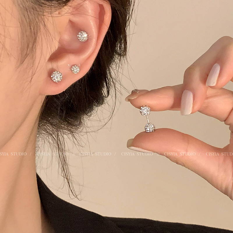 S925 Sterling Silver Women's Zircon Super Flash Niche No Need to Take off Stud Earrings