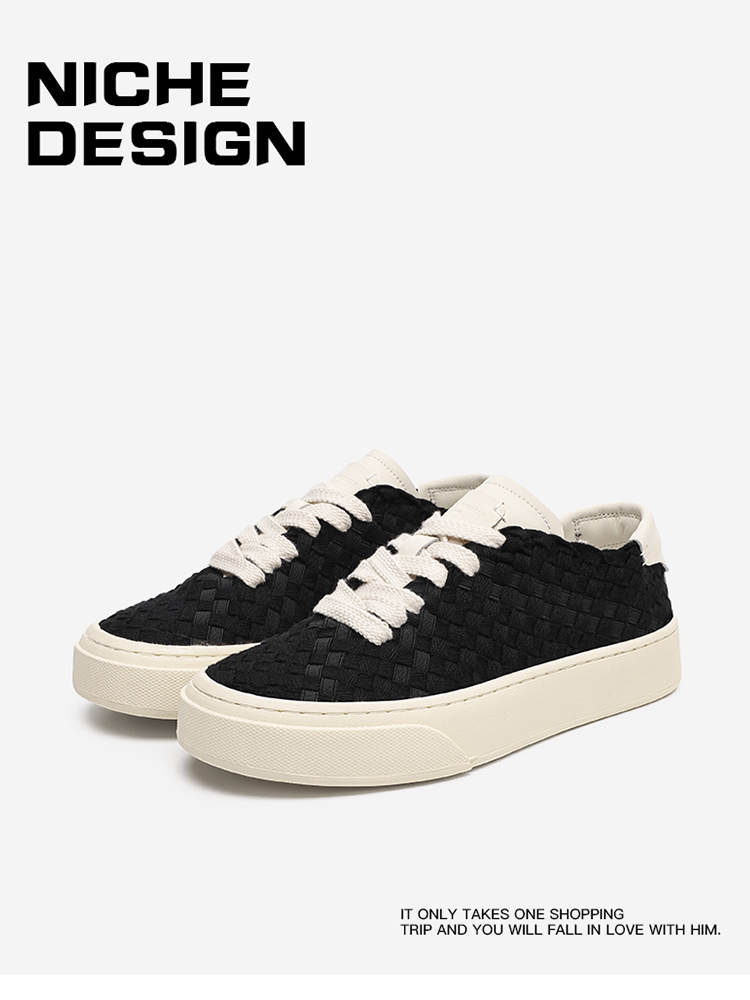 Black Hand-Knitted Shoes Men 2025 New Skateboard Shoes Breathable Thick Sole Increased All-Match Casual Shoes Children Diamond Lattice