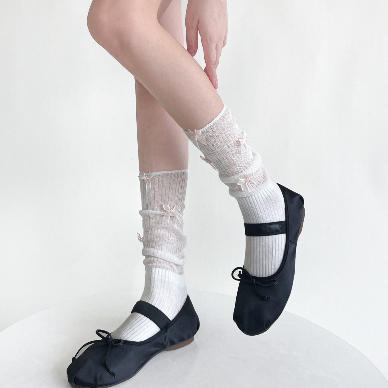 White Calf Socks Women's Summer Thin Ballet Style Vertical Stripe Tube Socks Miu Bow Pile Socks JK Stockings