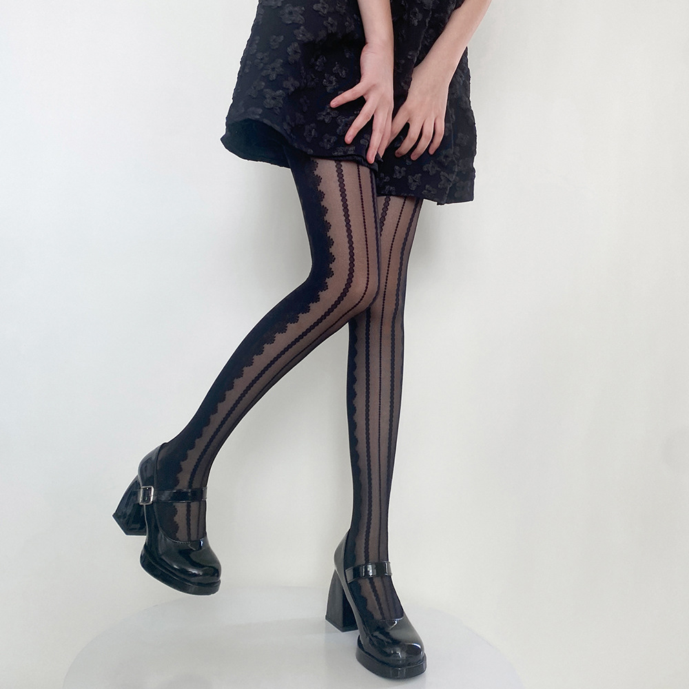 Lace Striped Sexy Black Silk Stockings Japanese Style Sweet JK Women's Thin Snagging Resistant White Pure Desire Lolita Pantyhose