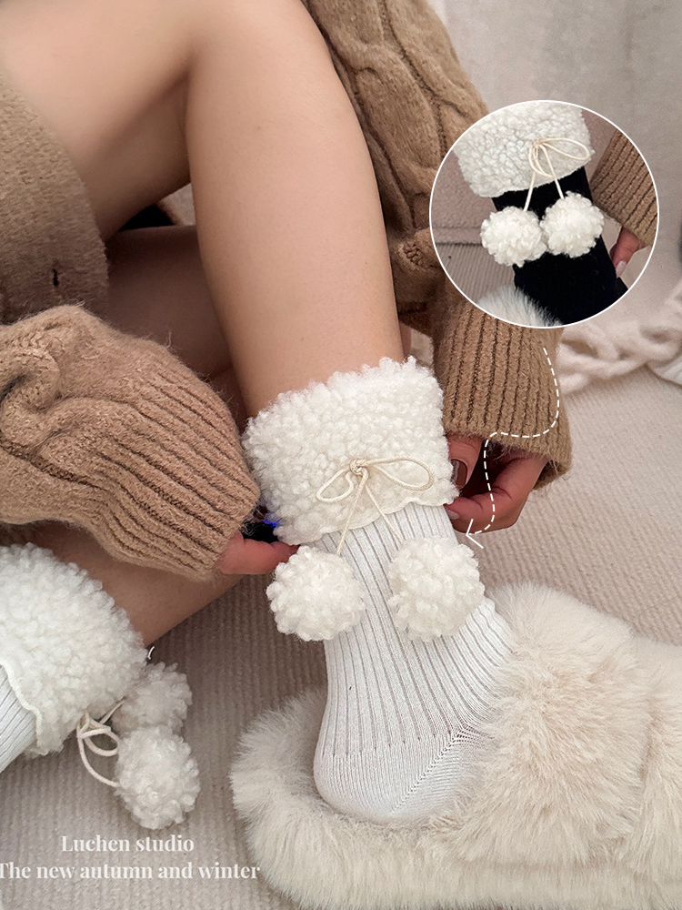 White Fur Ball Socks Women Japan fashion Autumn and Winter New JK Pile Socks Warm Cute Girl Born Lolita Tube Socks