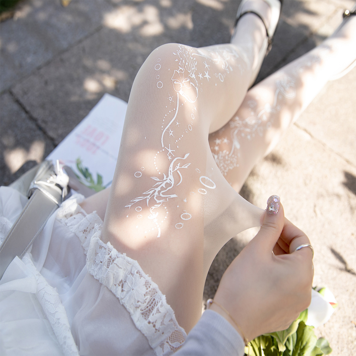 White Silk Stockings Women's Thin Snagging Resistant Lolita Pure Butterfly Print Arbitrary Cut Spring and Autumn Lolita Pantyhose