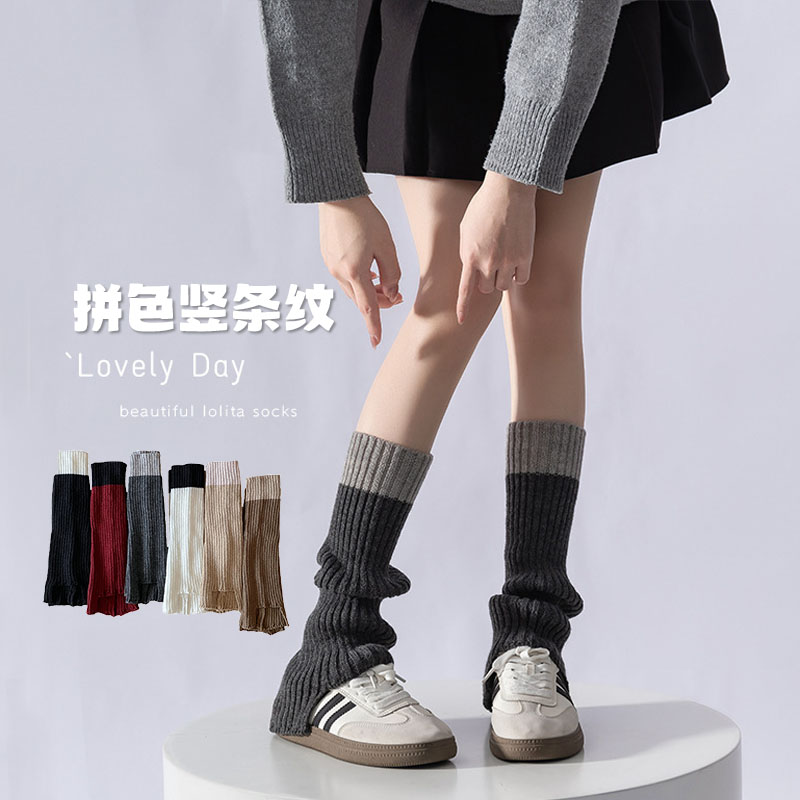 Gray Foot Sock Women Spring and Autumn Pile Socks Color Matching Front Gap Knitted Calf Socks Autumn and Winter Y2g Strip Drawing Tube Leg Warmer