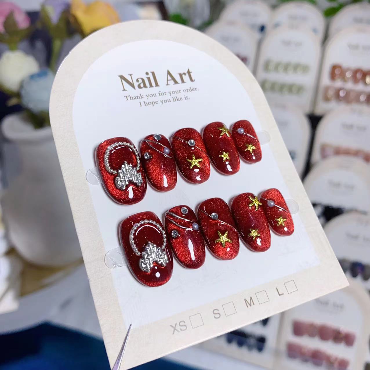 [708] Best-Selling Nail Beauty Handmade Wear Nail Ruby Cat Eye New Year Red Armor Fake Nails Manicure