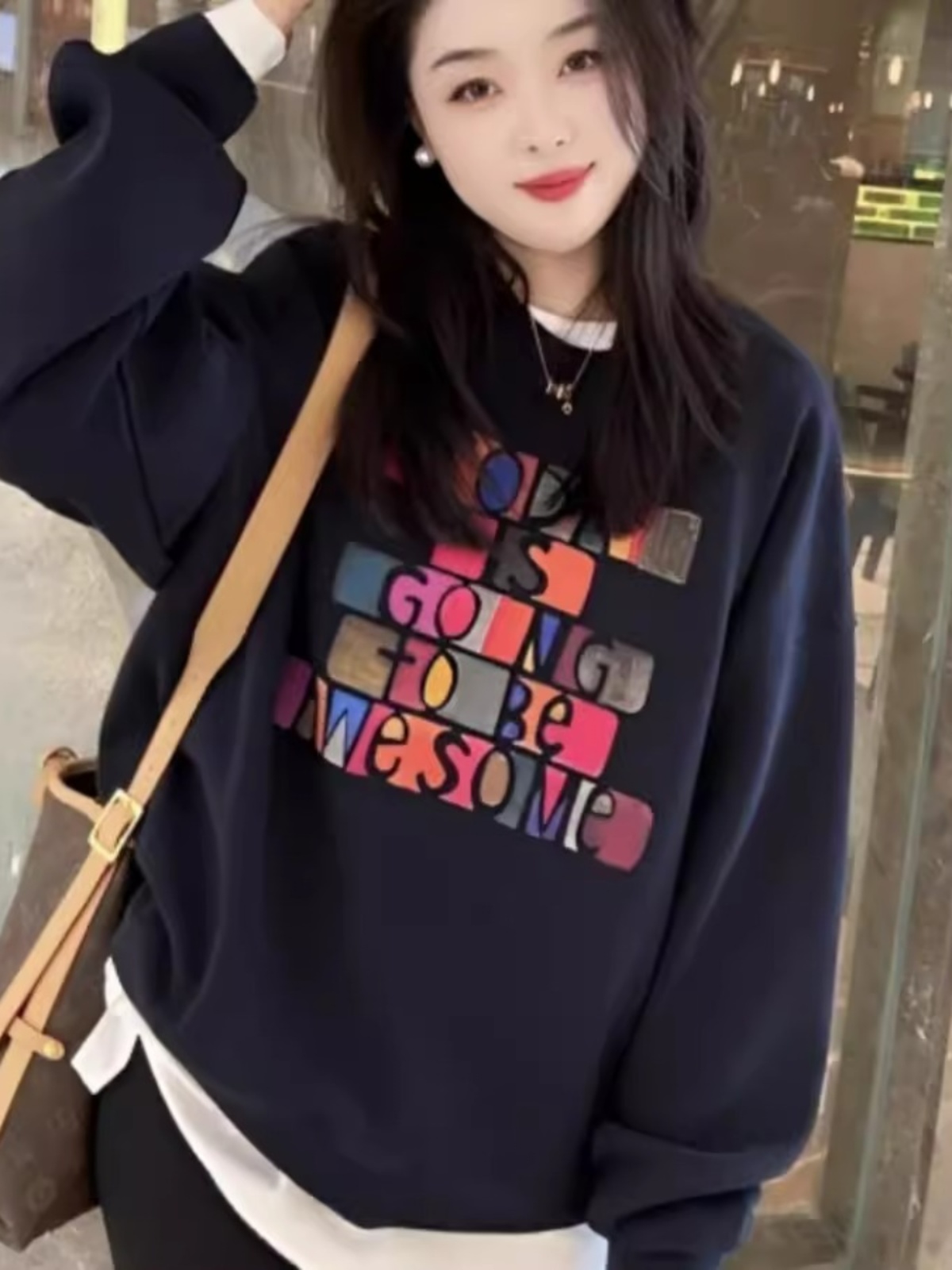 Korean Style Special-Interest Fashion Brand Color Letter Print Long Sleeve Pullover Hoodie Female Stylish Casual Easiest for Match Autumn Tops