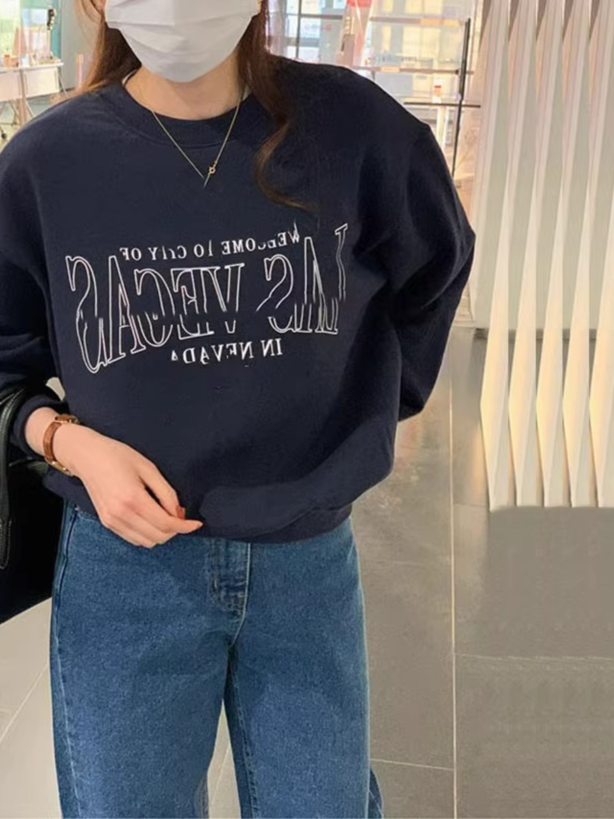 American Navy Blue Letter Base Sweatshirt Female 2025 Autumn New Arrival Loose Long Sleeves Casual Laid-Back Style Outerwear Top