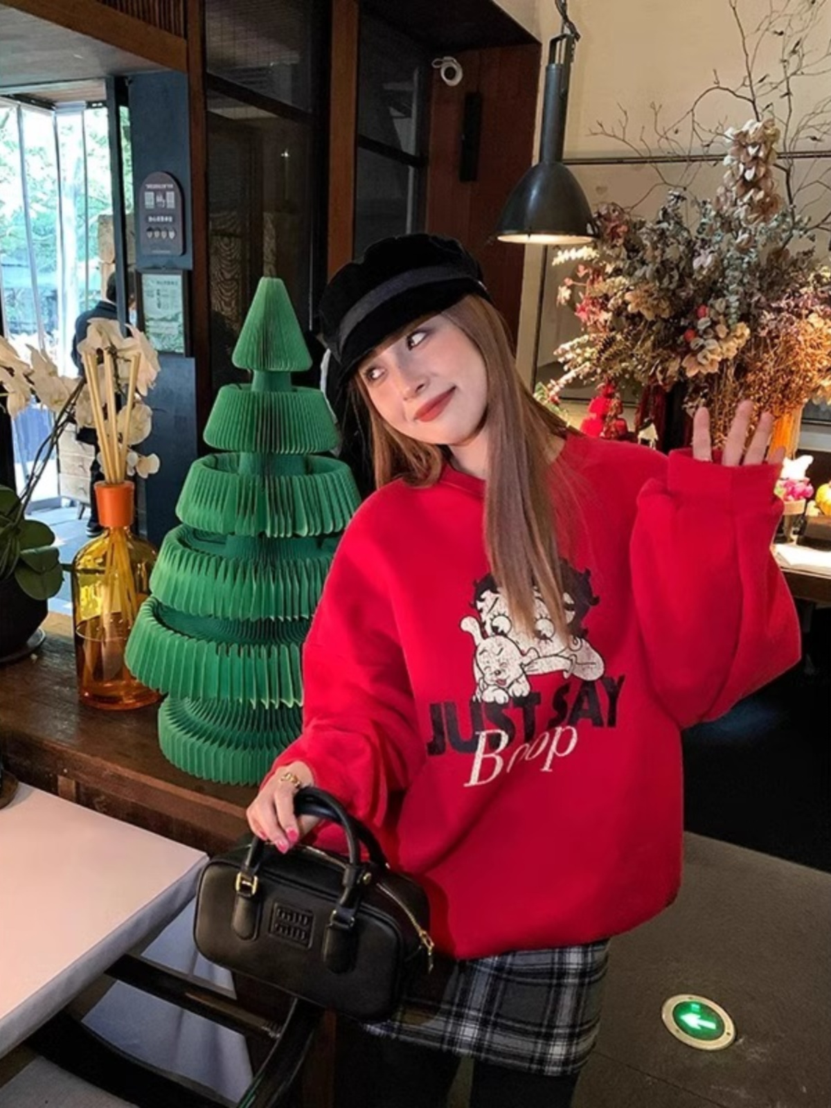 2025 Spring & Fall Idle Style Silver Fox Velvet Loose Print round Neck Christmas Red Hoodie Coat New Year Red Sweater Women