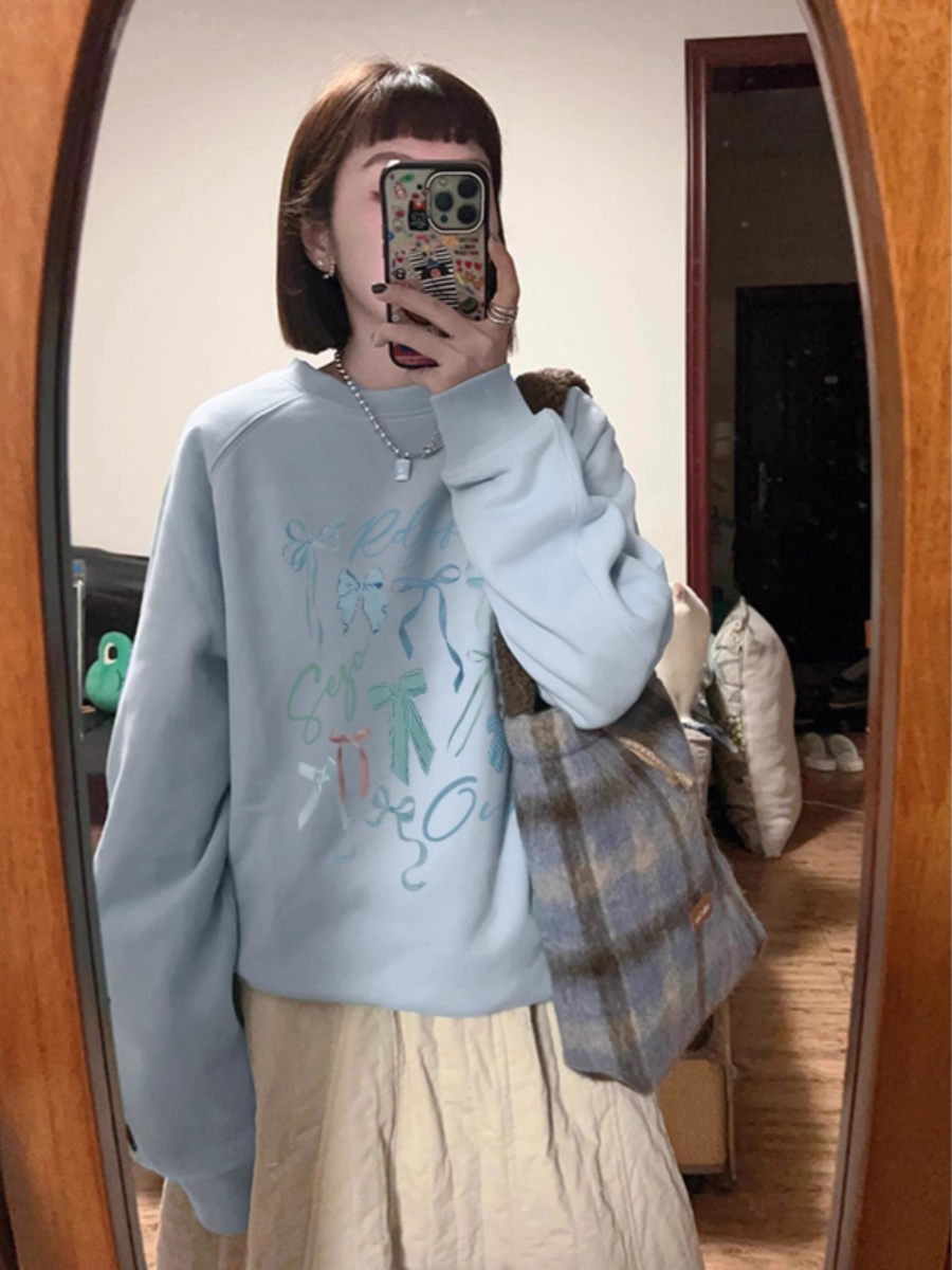 Milk Blue round Neck Sweatshirt Women's 2025 New Arrival Best Selling Early Spring and Autumn Loose and Lazy Style Hooded Long Sleeves Tops