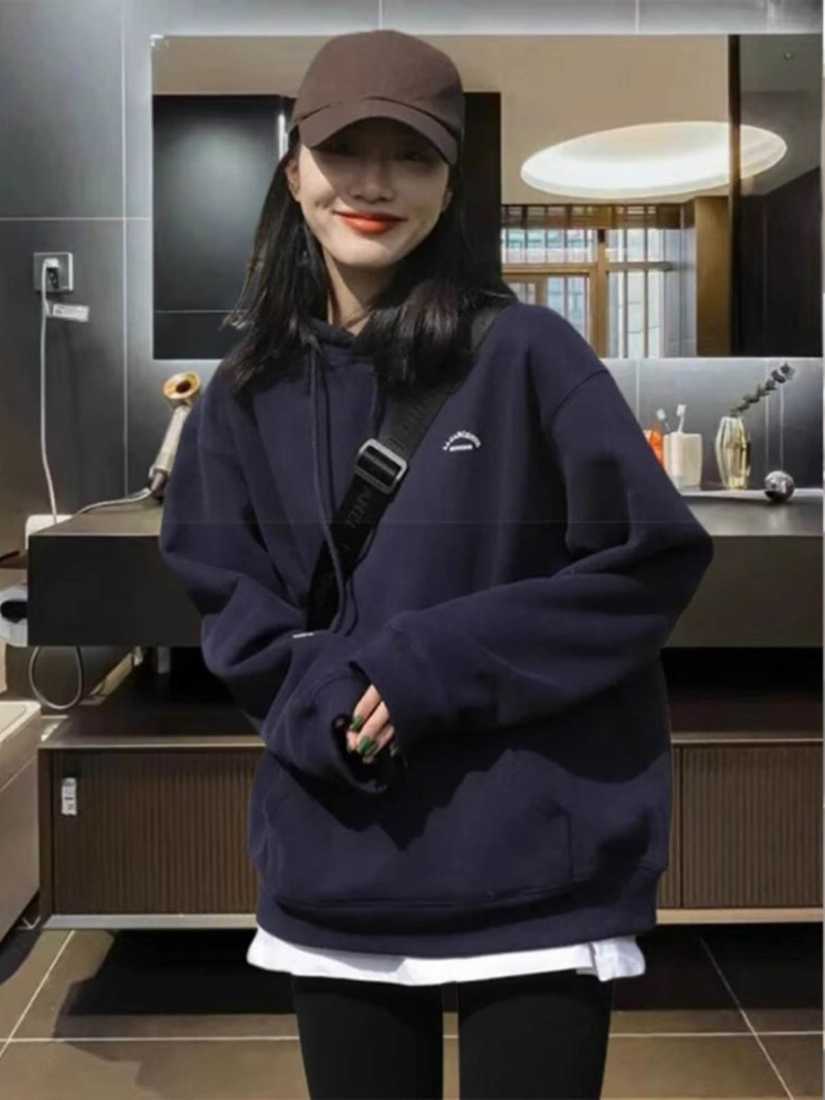 K-style Fashion Brand Hooded Navy Blue Niche Style Wear Sweatshirt Fleece-lined Warm Pullover Ins Super Hot All-Matching Tops Women
