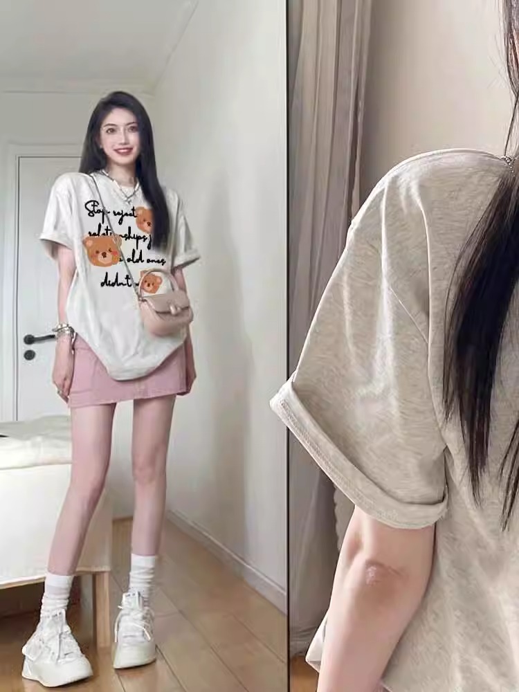 Pure Cotton American Fashion Brand Gray Shoulder Short Sleeve T-Shirt Women's Summer New Design Sense Niche Style Retro Half Sleeve Tops