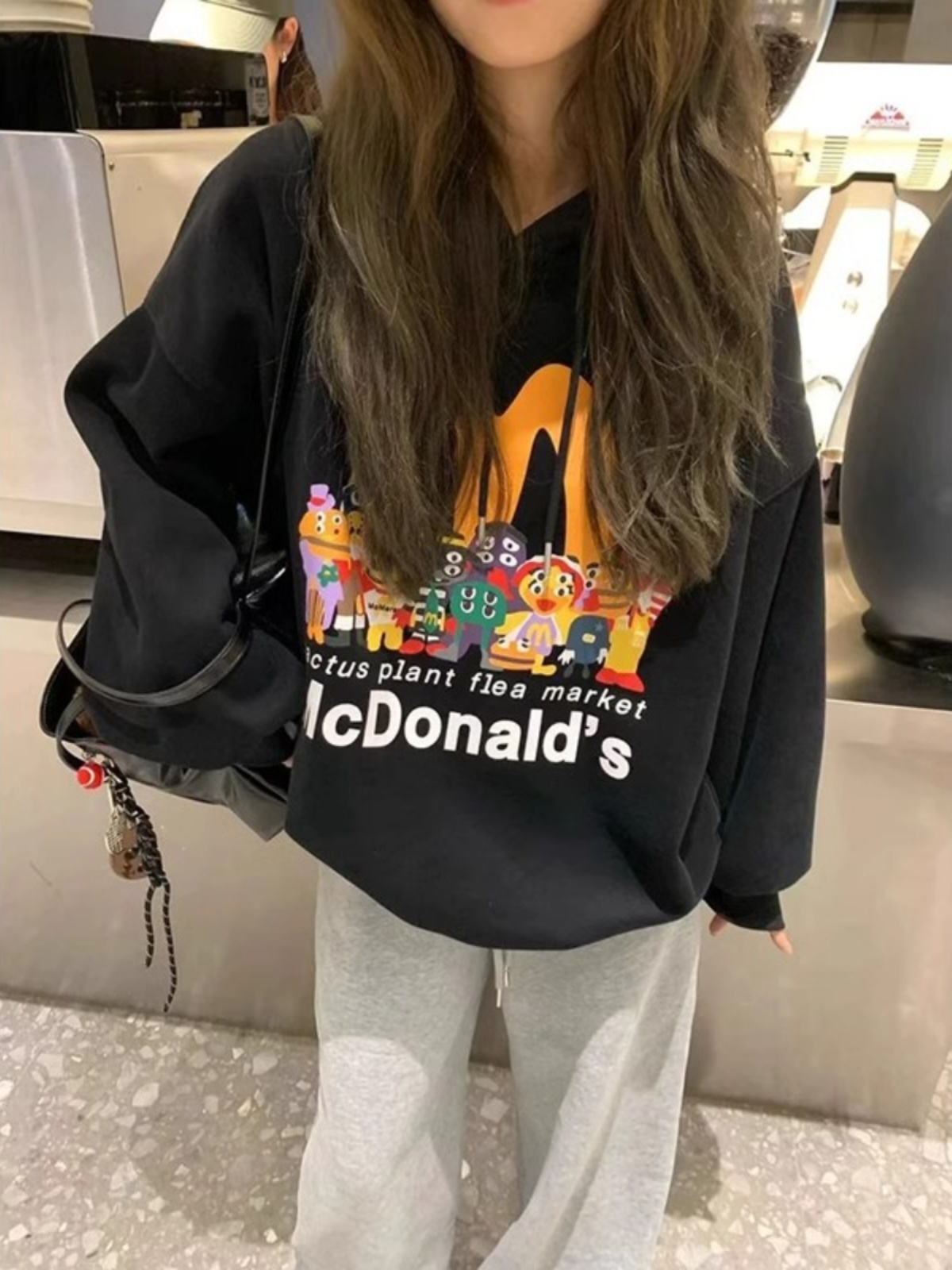 American Retro Cartoon Print Black Velvet Padded Hooded Sweatshirt Female Spring and Autumn New Arrival Loose and Idle Casual Tops