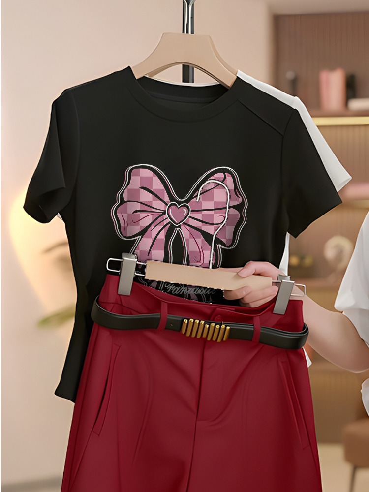 Black Shoulder Pure Cotton Short-Sleeved T-shirt Female Summer 2025 New Arrival Best Selling Korean Style Fancy Bows Print Tops
