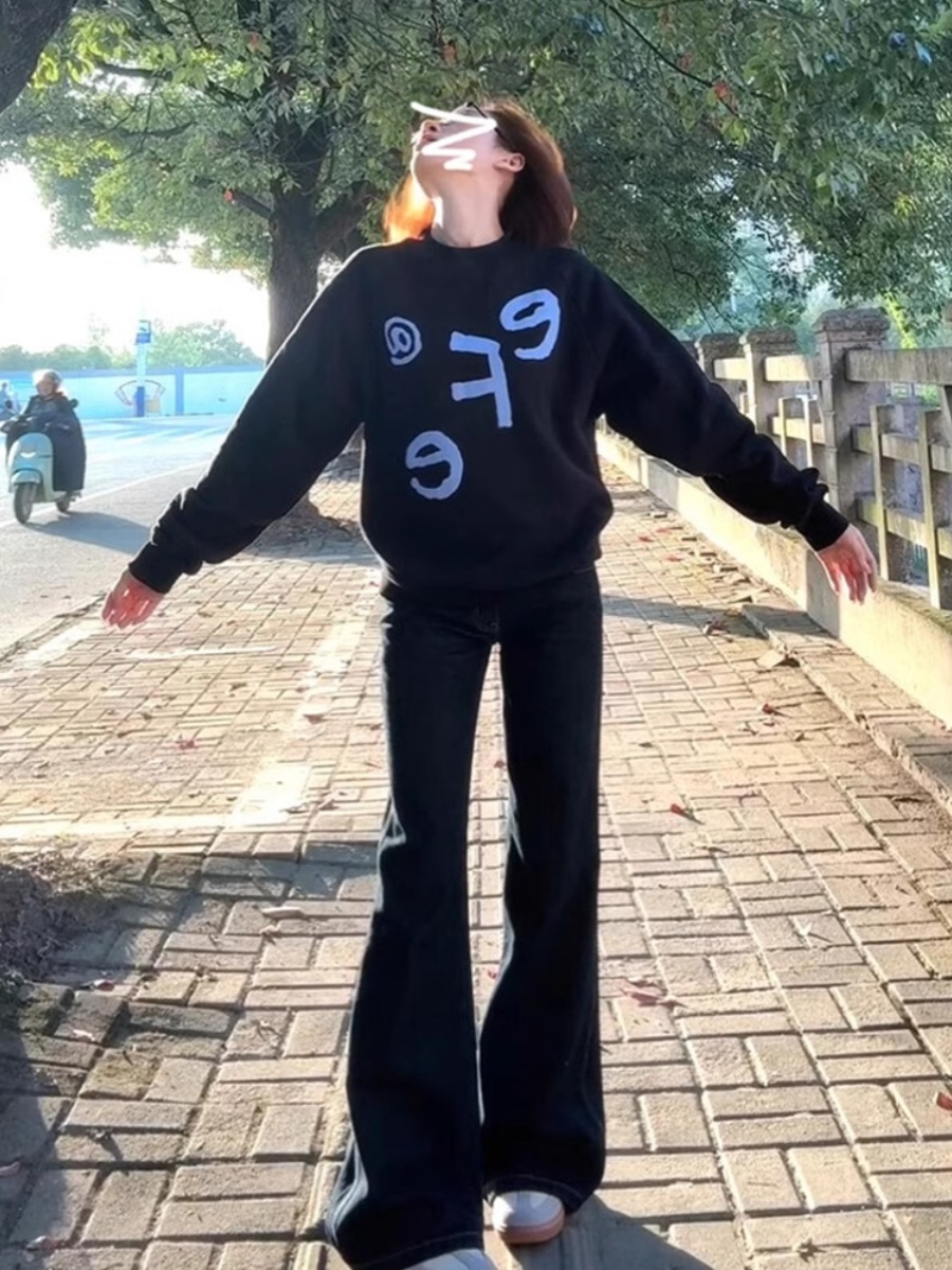 American Retro round Neck Fleece-Lined Sweater Female Spring & Fall 2025 New Arrival Korean Spring Autumn Underwear Long Sleeves Tops Fancy