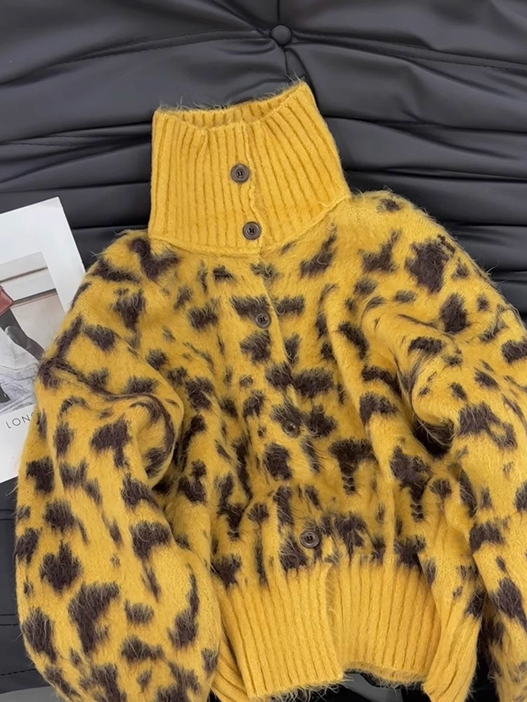 Leopard Print Turtleneck Sweater Female Knitting Cardigan Women's Clothes 2025 Spring Season New Fashionable Classy Western Style Top Outwear