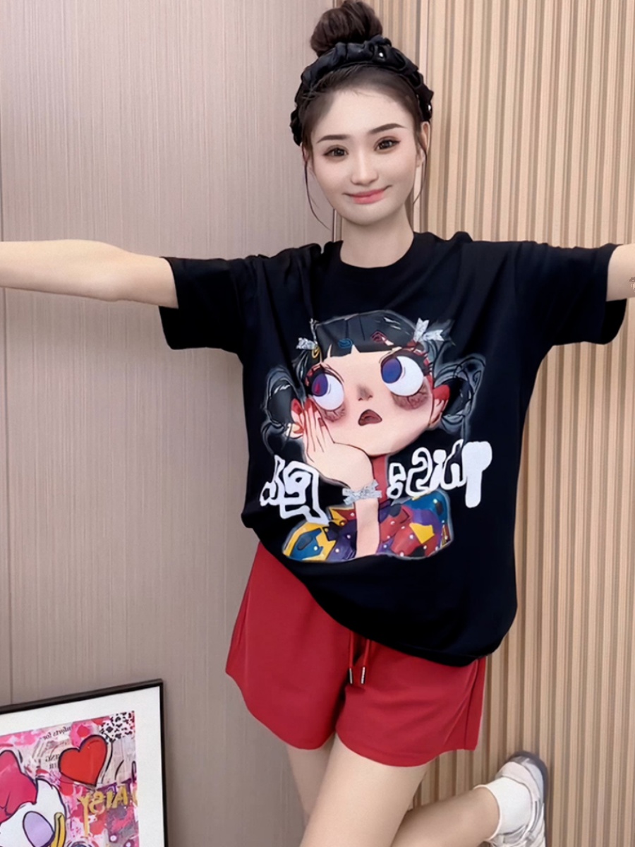 Korean Style Pure Cotton Little Girl Print Short Sleeve T-shirt Female 2025 Summer New Arrival Best Selling Loose Show Thin Black Tops