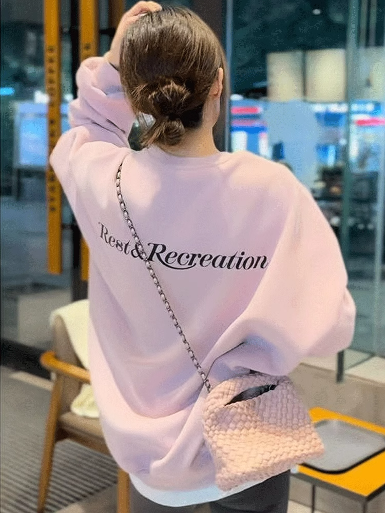 Pink Capless round Neck Padded Fleece Sweater Female Spring & Fall 2025 New Arrival Best Selling Fashionable Stylish Lazy Style Top
