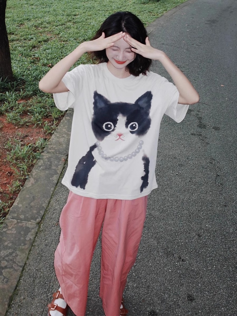 2025 New Arrival European Goods Best Selling Early Spring Chic Unique Chic Small Top Cat Printing Short Sleeve T-Shirt Women's Summer Style
