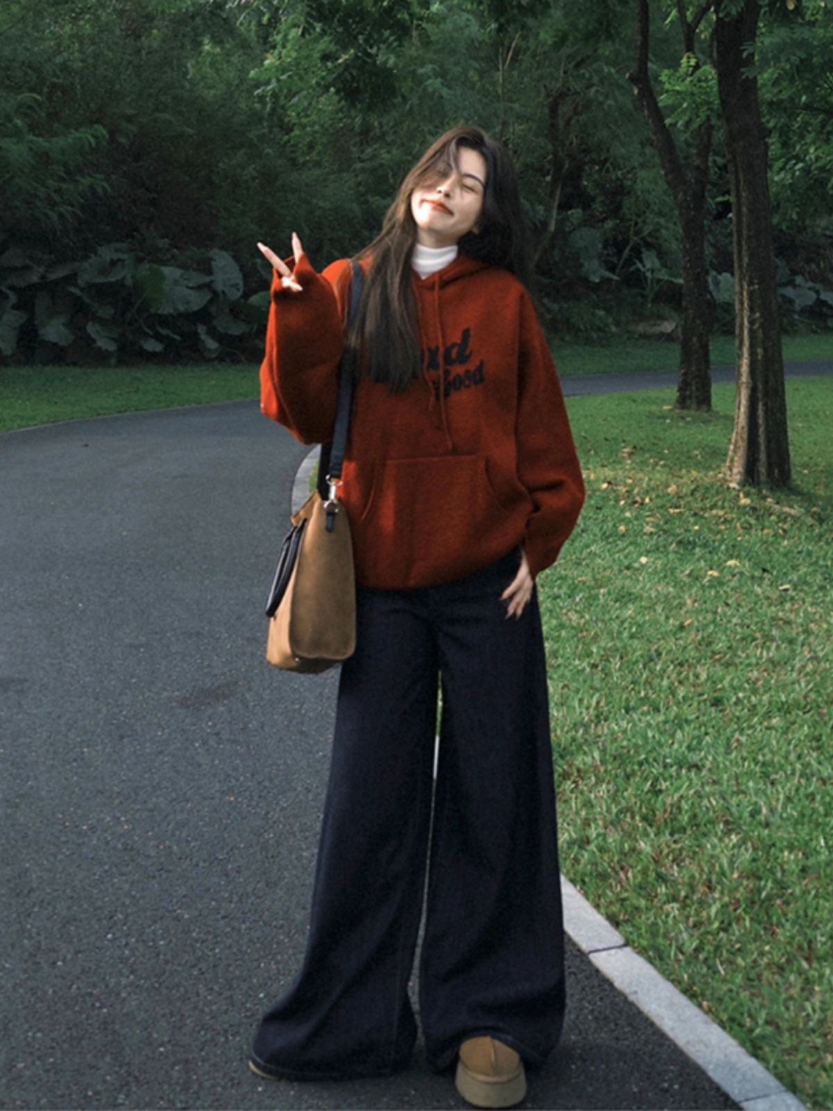 Angora Red Hooded Sweatshirt Women 2025 Spring & Fall New Arrival Fleece-lined Thick Loose Oversize Coat Top