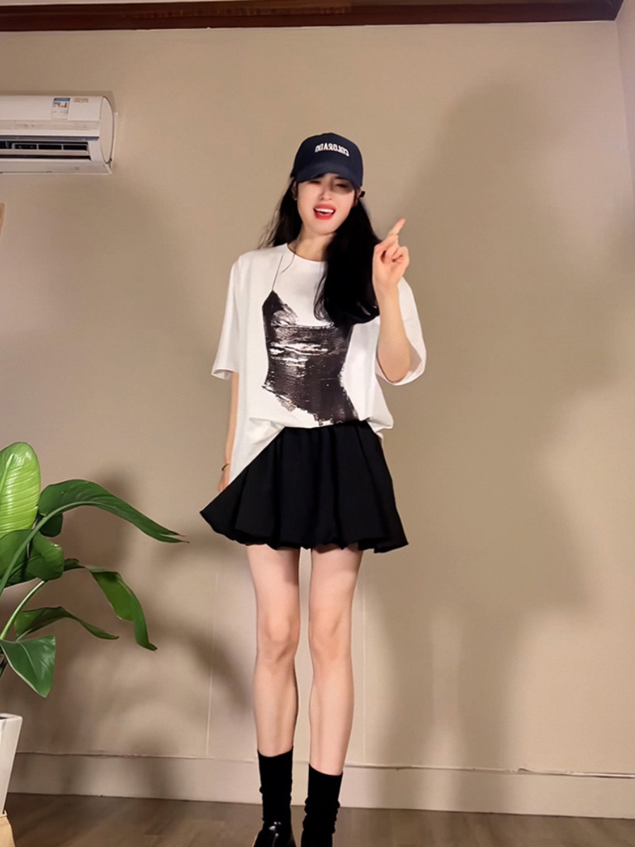 American Retro Shoulder Short Sleeve Women's Summer New Arrival Print Sexy Temperament Crew Neck T-Shirt Loose All-Matching Top Tide