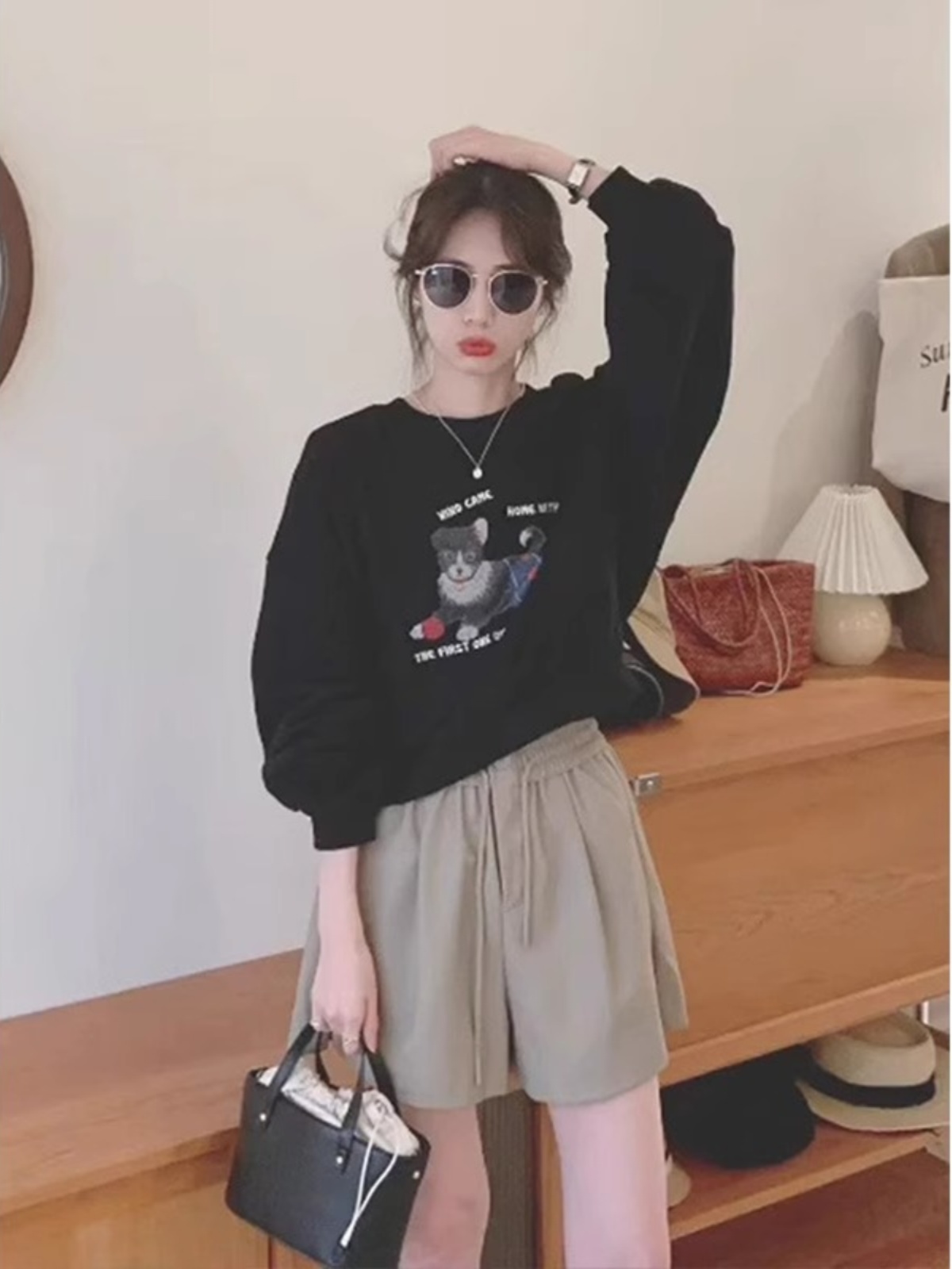 2025 New Arrival American Retro Small round Neck Loose Puppy Printed Trendy Black, Hoodie Women's Spring & Fall Thin