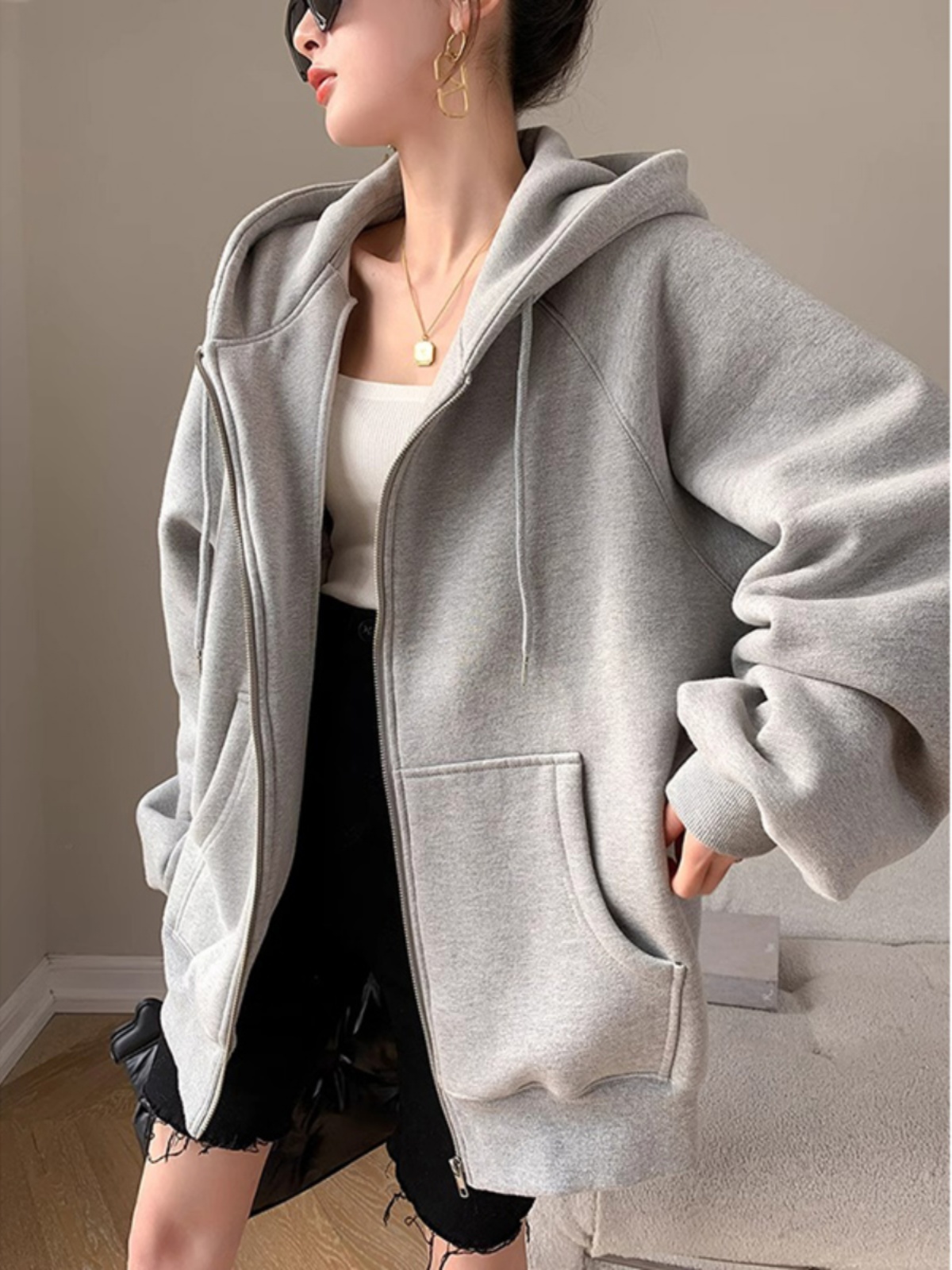 Gray Hoodie Coat Women's Spring, Spring and Autumn New Arrival American Lazy Chic Zipper Cardigan Early Autumn Top