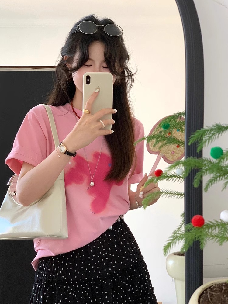 Korean Style All-Match and Sweet Fun Puppy Printed Short-Sleeved T-shirt Women's Summer Loose Mid Length Long Length Fashionable Anti-Aging Top