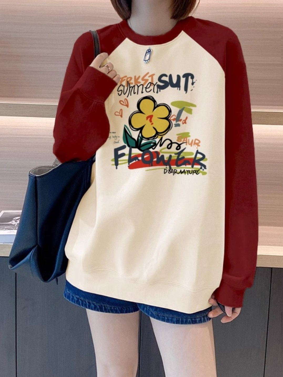 American Retro Contrast Color Raglan Sleeve round Neck Sweatshirt Women 2025 Spring & Fall New Arrival European Goods Oversized Loose Coat Top
