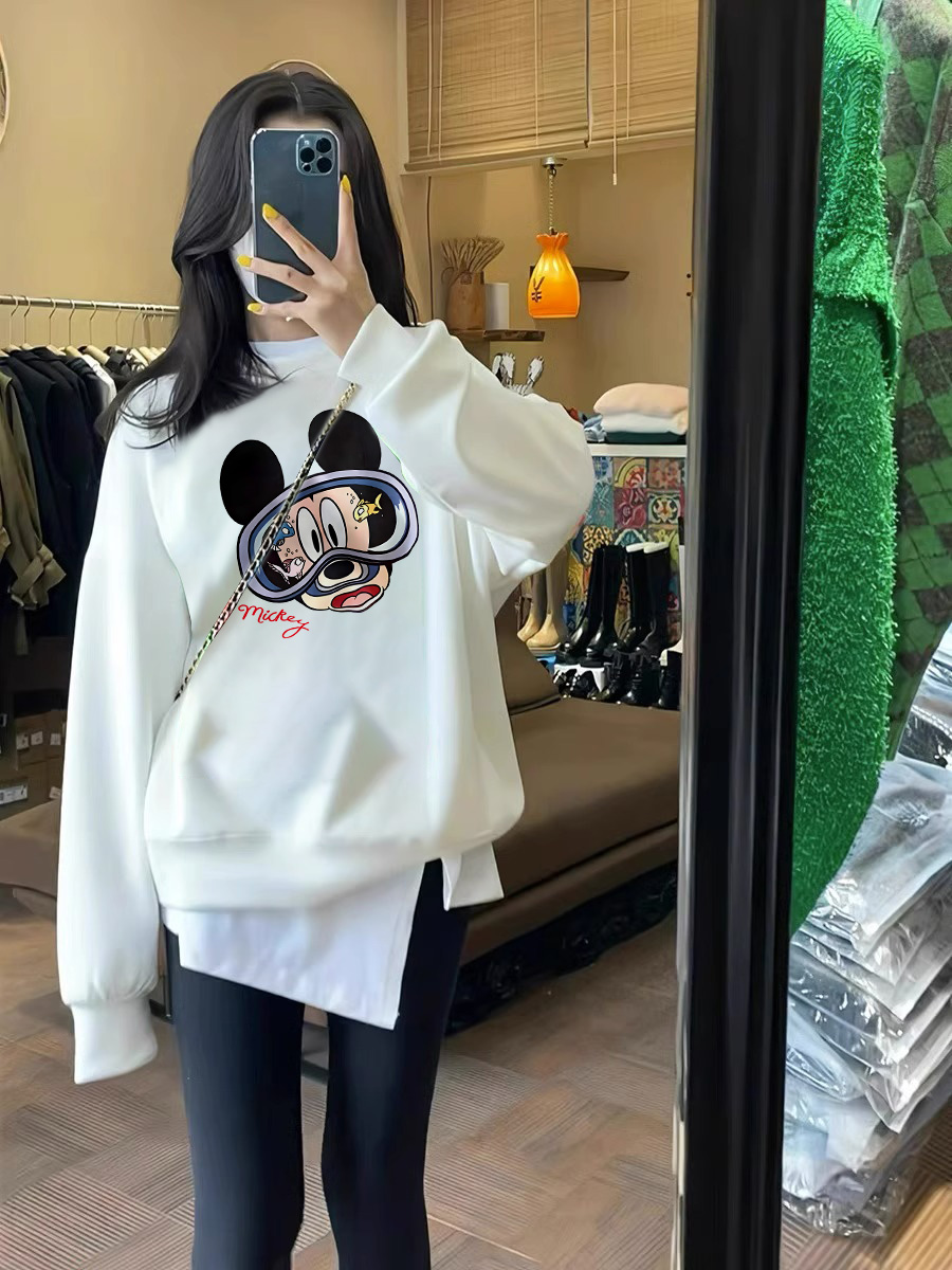 2025 Spring and Autumn Leisure Loose Long Sleeves Cartoon Print Sweatshirt Outwear Female Fleece-lined Thickened Silver Fox Velvet Pullover Tops