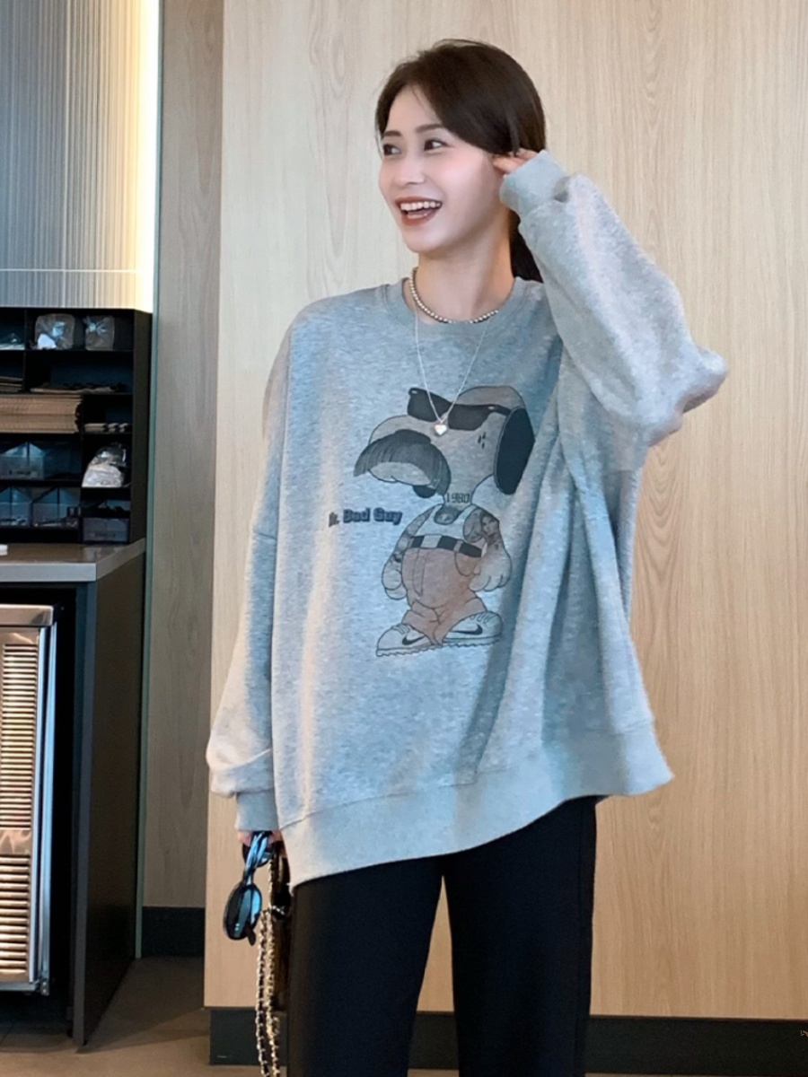 American Retro Loose Cartoon Print Gray round-Collar Early Autumn Sweatshirt Women 2025 New Arrival Best Selling Long Sleeves Tops Women