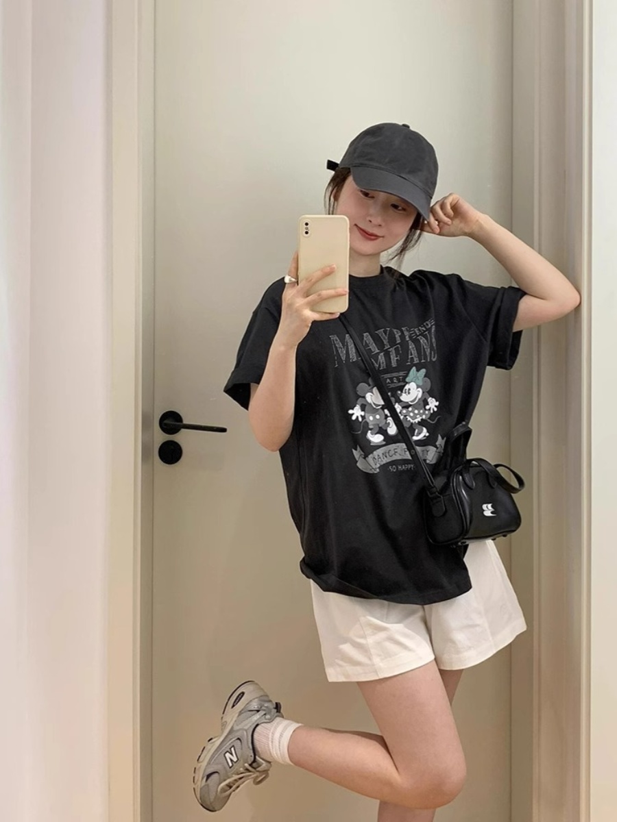 K-style Cartoon Letter Print round Neck Short Sleeve T-shirt Summer New Arrival Loose Work Clothing Pure Cotton Versatile Half-Length Sleeve Top